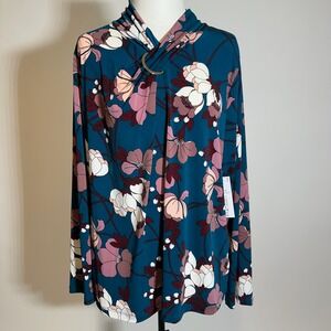 NWT Liz Claiborne Teal Floral Draped Neck Long Sleeve Blouse Womens Size PXXL